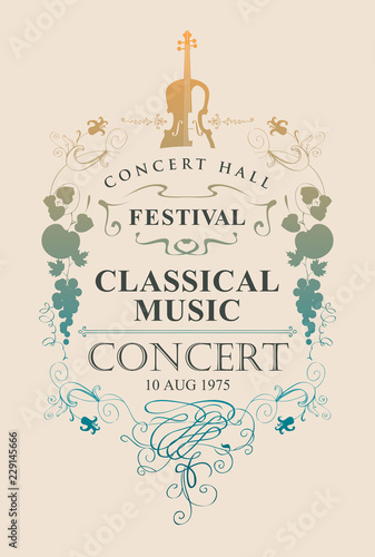 Vector poster for a concert of classical music with place for text, vignette and violin in vintage style on beige background