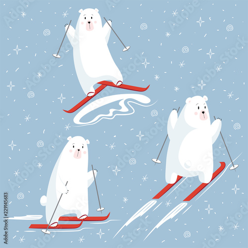 Set of polar bear characters on a skiing