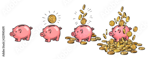 Cartoon piggy bank set. Empty, with one coin, with falling coins, heaped over money. Wealth and success concept. Hand drawn vector illustration.