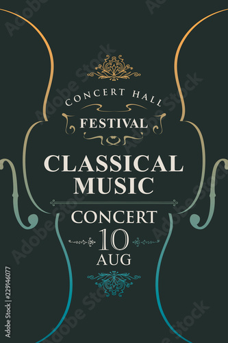 Vector poster for a concert or festival of classical music in vintage style with violins on the black background