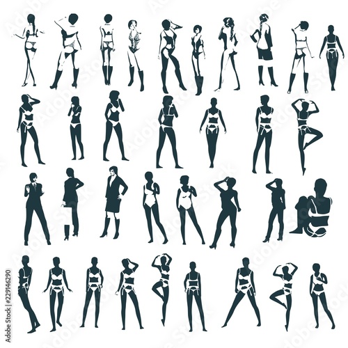 Fashion women silhouettes collection. Various pose and cloth