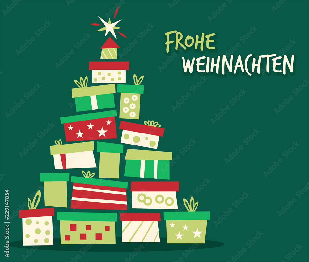 Weihnachtsbaum aus Geschenken Frohe Weihnachten gruener Hintergrund