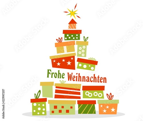 Weihnachtsbaum aus Geschenken Frohe Weihnachten weisser Hintergrund