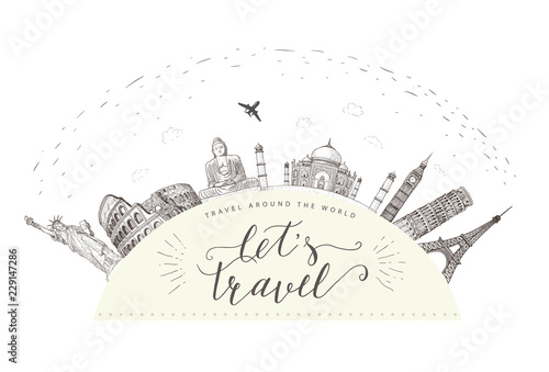 World travel and sights. Tourism banner with hand lettering quote.