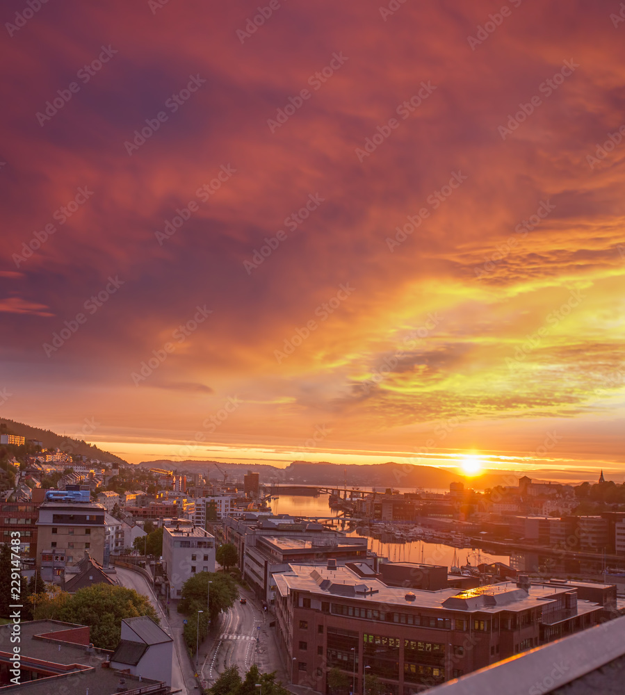 Bergen with colorful sunset in Norway, UNESCO World Heritage Site