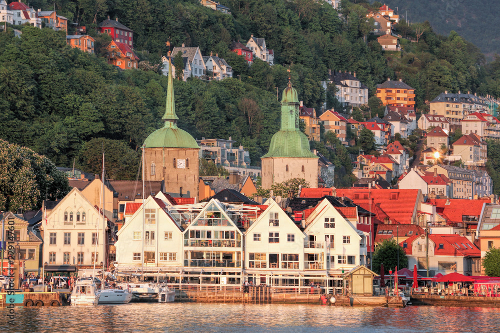 Fototapeta premium Bergen street with boats in Norway, UNESCO World Heritage Site