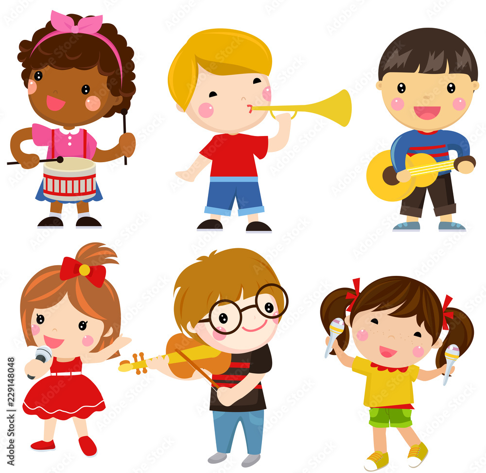 Kids and banners,Illustration of Kids Playing Different Musical Instruments Kids and banners,Illustration of Kids Playing Different Musical Instruments