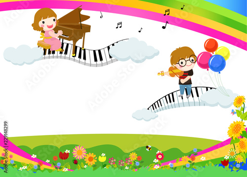 Kids and banners,Illustration of Kids Playing Different Musical Instruments