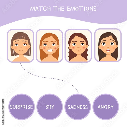 Matching children educational game. Match parts of girls and emotions. Activity for pre shool years kids and toddlers.