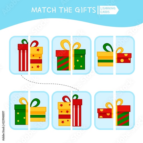 Matching children educational game. Match parts of cartoon gifts. Activity for pre shool years kids and toddlers.