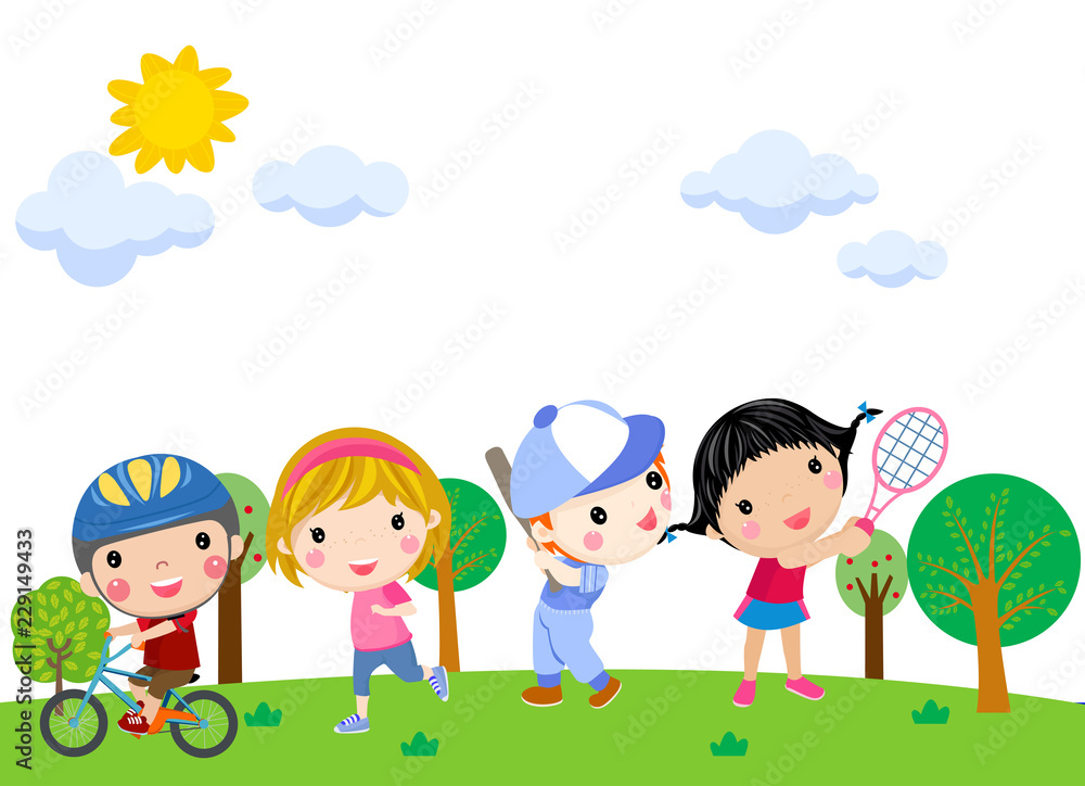 Boys and girls playing sports illustration