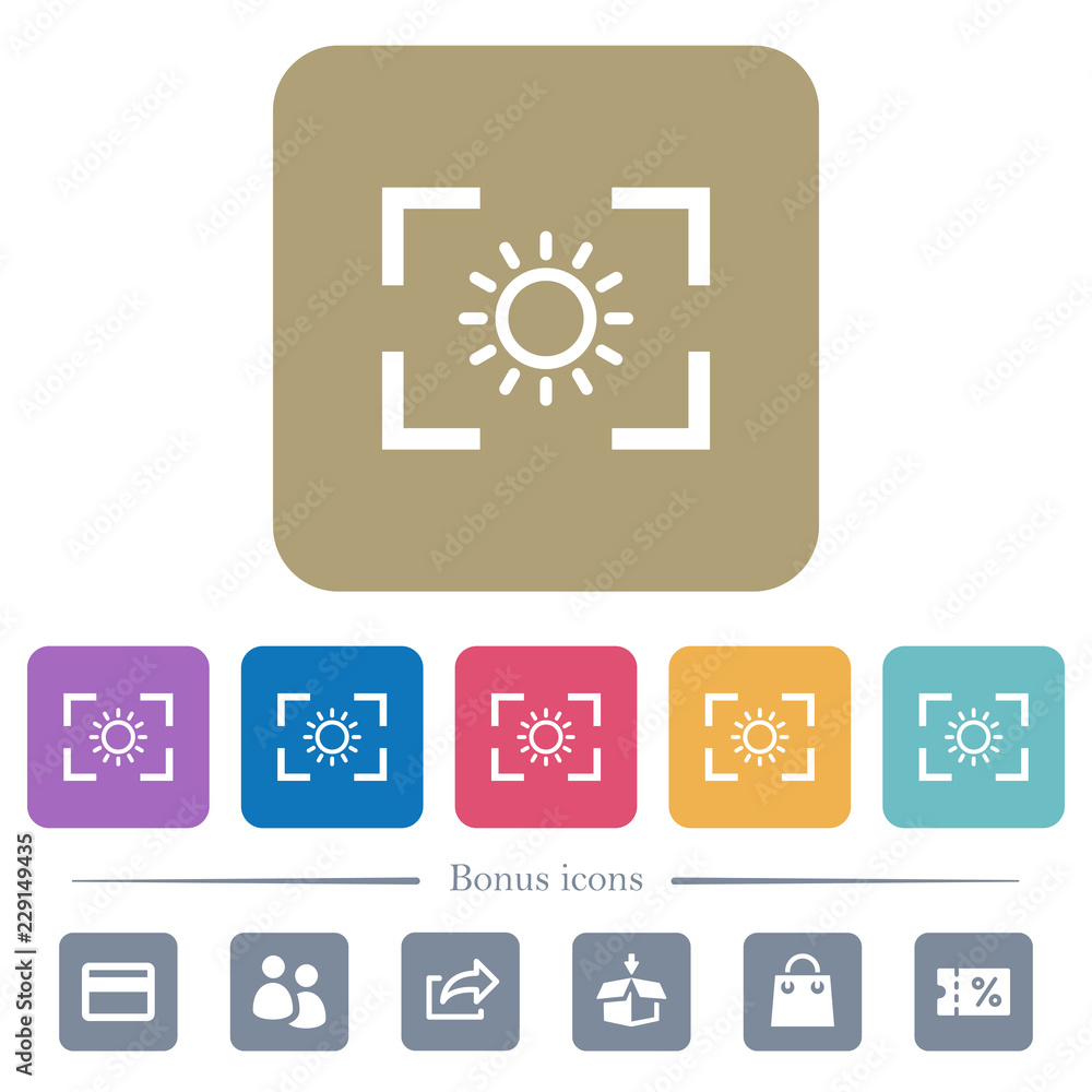 Camera brightness setting flat icons on color rounded square backgrounds Camera brightness setting flat icons on color rounded square backgrounds