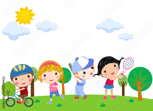 Boys and girls playing sports illustration