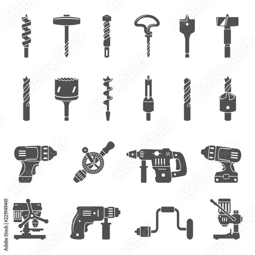 Black Icons - Different types of drills and drill bits photo