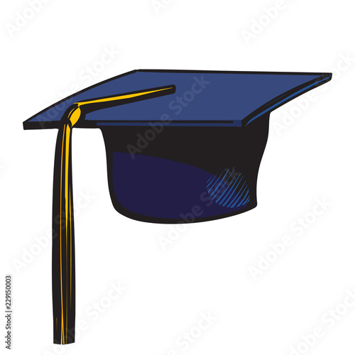 Graduation cap with yellow tassel. Sketch of black academic hat isolated on white background. Hand drawn vector.