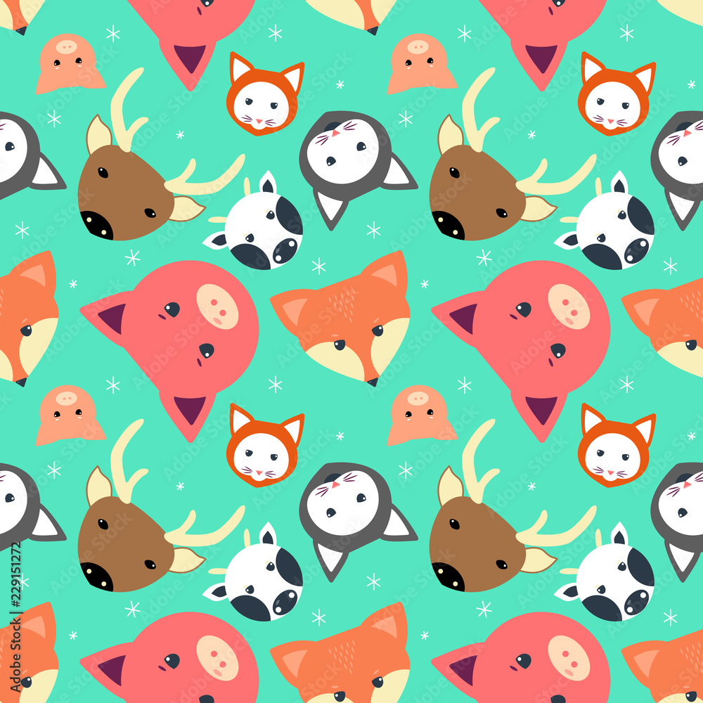 Animal seamless pattern with cow, fox. cat. dear, pig in flat design Animal seamless pattern with cow, fox. cat. dear, pig in flat design