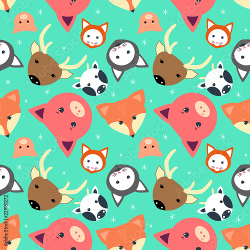 Animal seamless pattern with cow  fox. cat. dear  pig in flat design