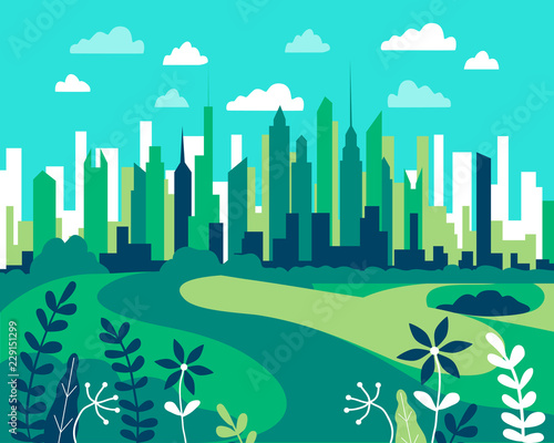 City landscape flat. Design urban illustration vector in simple minimal geometric  style with buildings, lake flowers and trees abstract background for header images for websites, banners, covers