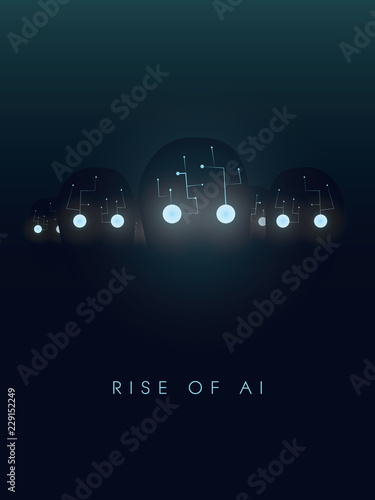 Artificial intelligence concept with robot faces and eyes glow in the dark. Symbol of future, technology, cyborgs and new inventions like deep learning, big data, neural networks.