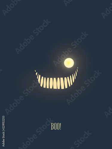 Happy halloween vector illustration card with monster smile glowing in the dark night, mouth full of scary teeth. Party invitation card template.