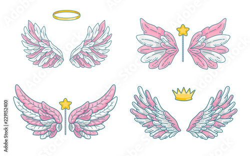 Collection of angel wings in cute little princess style, pink and white palette. Magic accessories - wand, crown and halo. Vector illustration isolated on white.