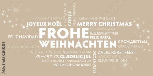 Weihnachtskarte Frohe Weihnachten übersetzt in viele Sprachen beigefarbener Hintergrund