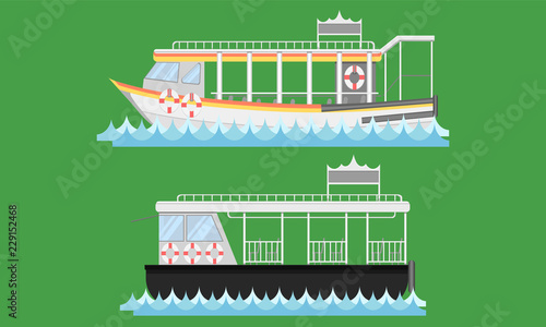 Express boat ship boat vesselcraft barge ark river water Lifebuoy barge float raft punt pram pontoon passenger fare chair pad ticket vector illustrator