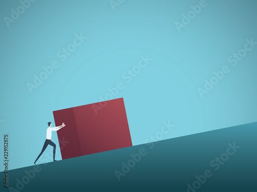 Businessman pushing cube uphill as symbol of hard work and challenge.