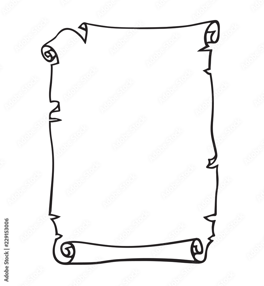 Parchment, old paper scroll. Place for text. Black and white hand drawn