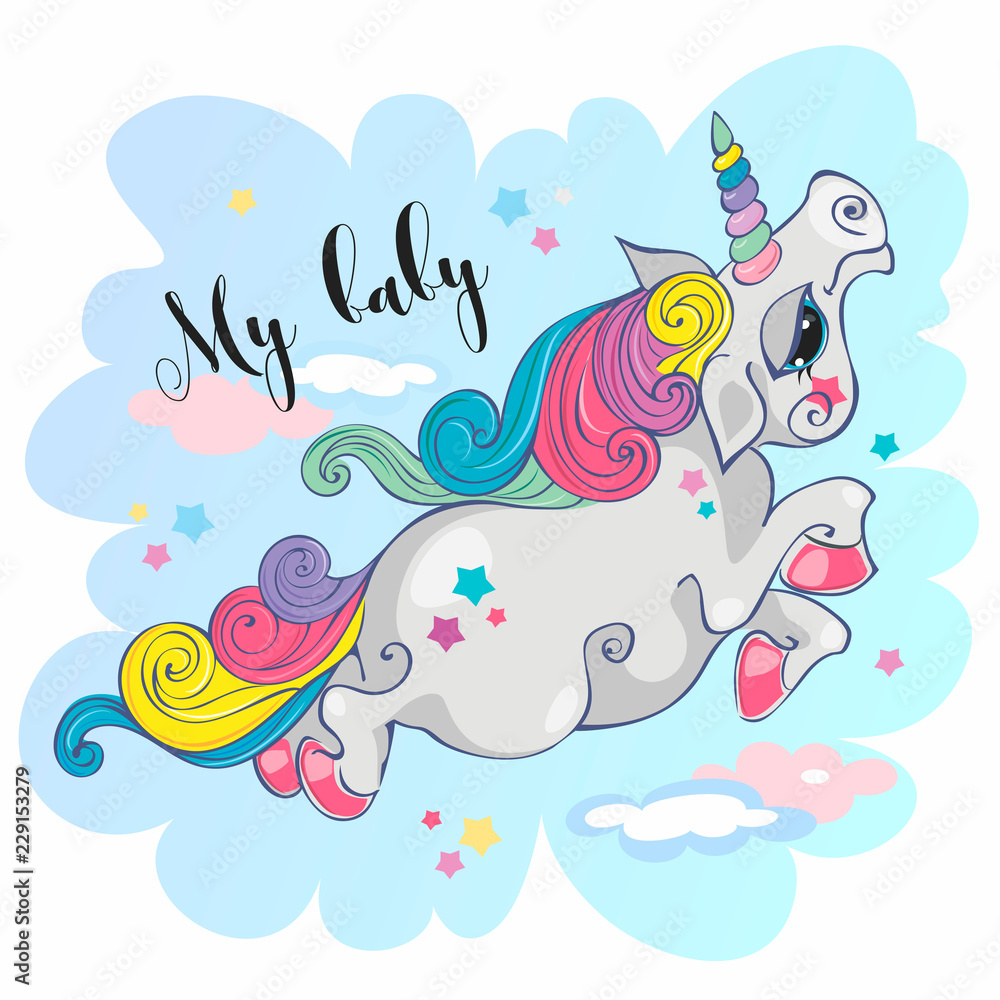 Magic unicorn.My baby. Fairy pony. Rainbow mane. Cartoon-style. Vector.