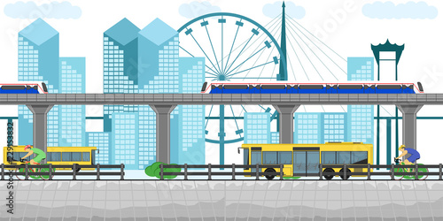 thailand transportation bus but skytrain bicycle building town downtown car subway metro bangkok traffic landmark vector illustration design tourist urban road station railway city
