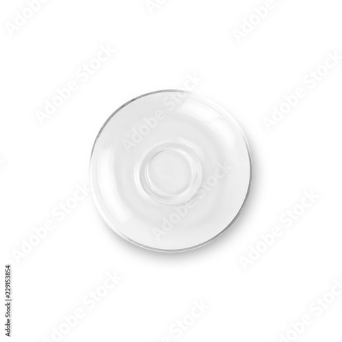 Transparent glass plate top view. Close up. Isolated on white background
