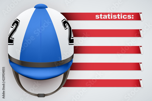 Background of Hippodrome Horseride sports. Infographic of list and schedule of horseman jockey and statistics. Horserider helmet on spase for text. Vector Illustration.