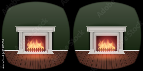 The concept of VR technology of choose furniture arrangement for interior. Use vr glasses to creating perfect housing. Imitation of the inside VR glasses view at fireplace. Editable Vector