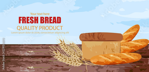 Fresh bread Vector. Wooden background texture. Detailed cartoon styles