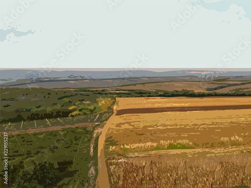 Aerial rustic landscape Vector background. Autumn fall season wheat harvests