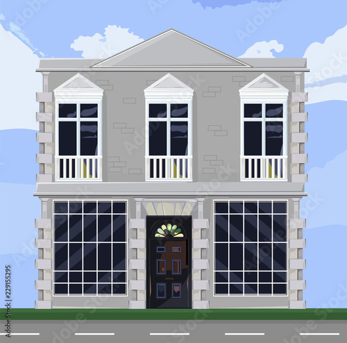 White house facade architecture Vector. Store or boutique front with big wind...