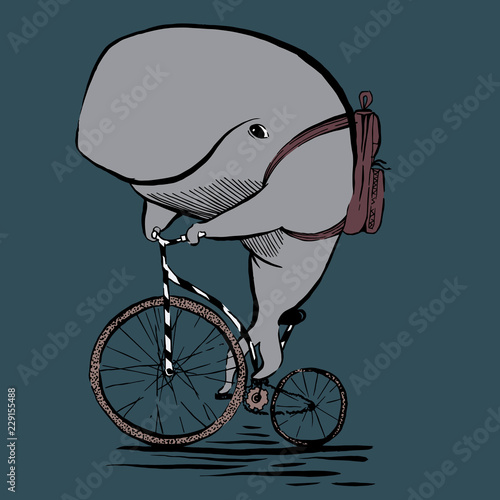 Cartoon whale character with backpack riding bicycle; vector illustration EPS10