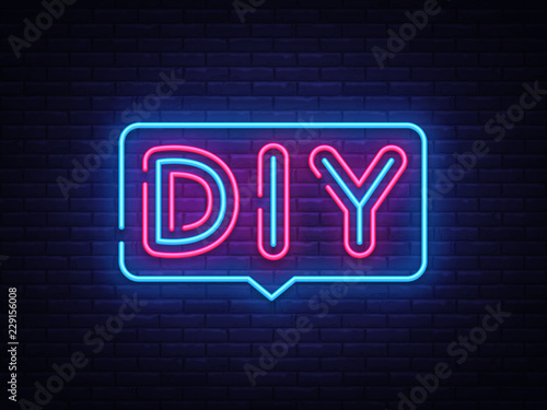 DIY letters Neon Text Vector. Do It Yourself neon sign, design template, modern trend design, night neon signboard, night bright advertising, light banner, light art. Vector illustration