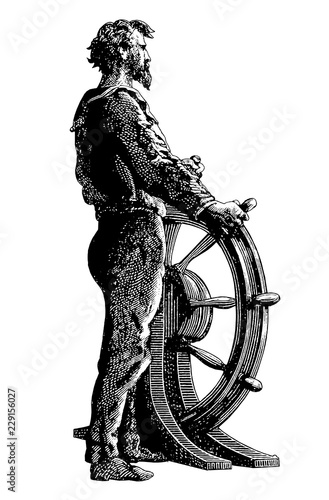 Vintage Ship Captain at the Helm Engraving