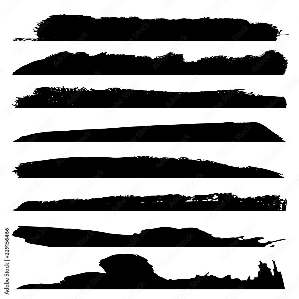 Vector collection of artistic grungy black paint hand made creative brush stroke set isolated on white background. A group of abstract grunge sketches for design education or graphic art decoration Vector collection of artistic grungy black paint hand made creative brush stroke set isolated on white background. A group of abstract grunge sketches for design education or graphic art decoration