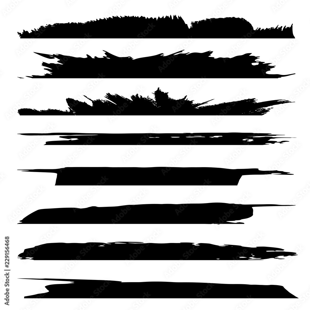 Vector collection of artistic grungy black paint hand made creative brush stroke set isolated on white background. A group of abstract grunge sketches for design education or graphic art decoration Vector collection of artistic grungy black paint hand made creative brush stroke set isolated on white background. A group of abstract grunge sketches for design education or graphic art decoration