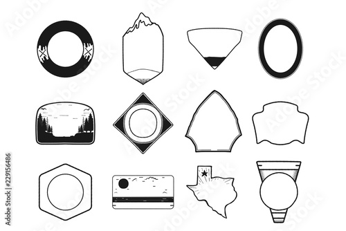 Set of black camping badge shapes. Included Texas state icon. Line art design. Stock vector Objects isolated on white background.