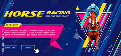 Banner. Universal template for a web site with text, buttons. Jockey on horse. Horse racing. Hippodrome. Racetrack. Jump racetrack. Horse riding. Vector illustration.