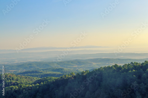Mountains in the morning mist with forest in the foreground