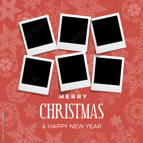 Christmas and winter background with photos, blank frames. Vector template with pictures to insert