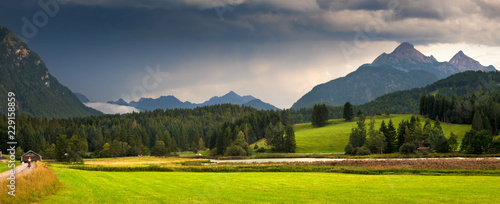 Green meadow, wooded hills against mountain tops. Panorama