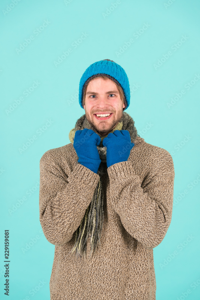 Cold days warm hearts. Happy man feel holiday spirit. Man wear
