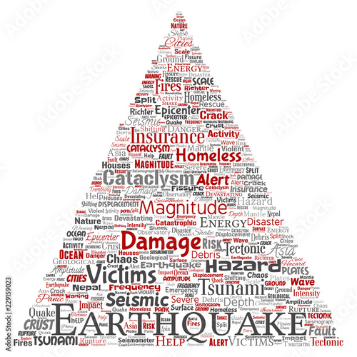 Vector conceptual earthquake activity triangle arrow word cloud isolated background. Collage of natural seismic tectonic crust tremble, violent tsunami waves risk, tectonic plates shifting concept