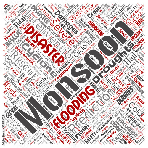 Vector conceptual monsoon dangerous weather square red meteorology word cloud isolated background. Collage of tropical dramatic storm force, strong wind blowing, rain hail thunderstorm concept design